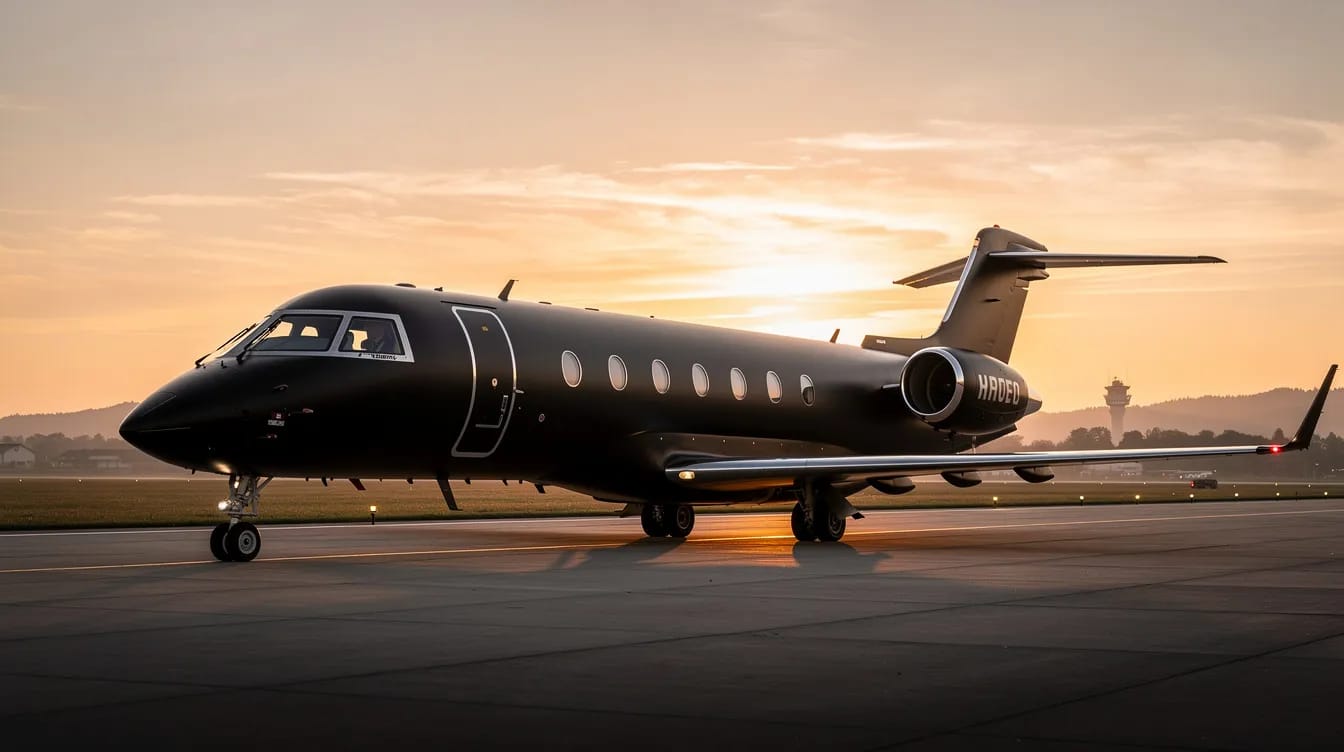Private jet on the runway at sunset